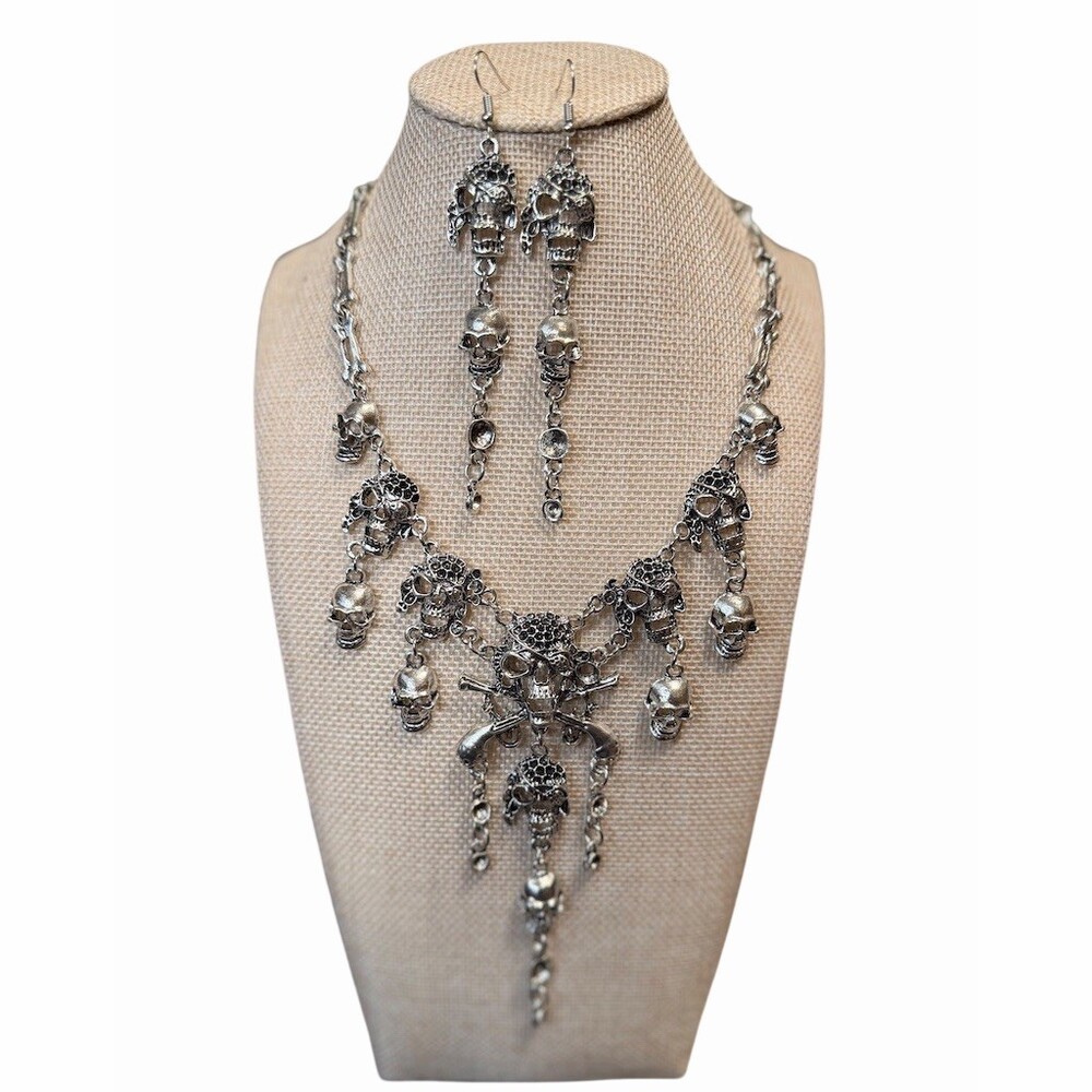 Gothic Skull Necklace & Dangle Earrings Set Silver Tone